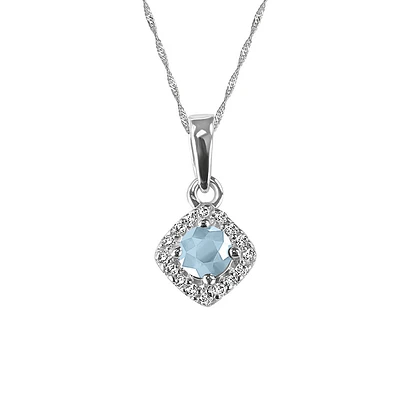 10KT White Gold Diamond and Aquamarine Pendant with Chain