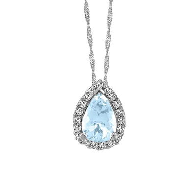 10KT White Gold Diamond and Pear Shaped Aquamarine Pendant with Chain