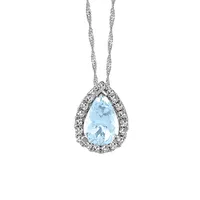 10KT White Gold Diamond and Pear Shaped Aquamarine Pendant with Chain