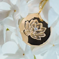 15MM Asian Heritage Lotus Disc Pendant with .01 Carat Diamond 10kt Yellow Gold Chain