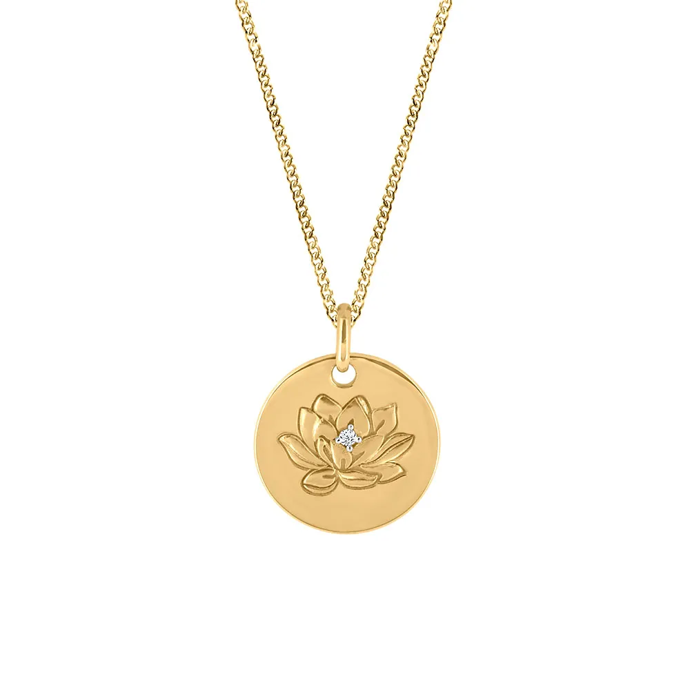 15MM Asian Heritage Lotus Disc Pendant with .01 Carat Diamond 10kt Yellow Gold Chain