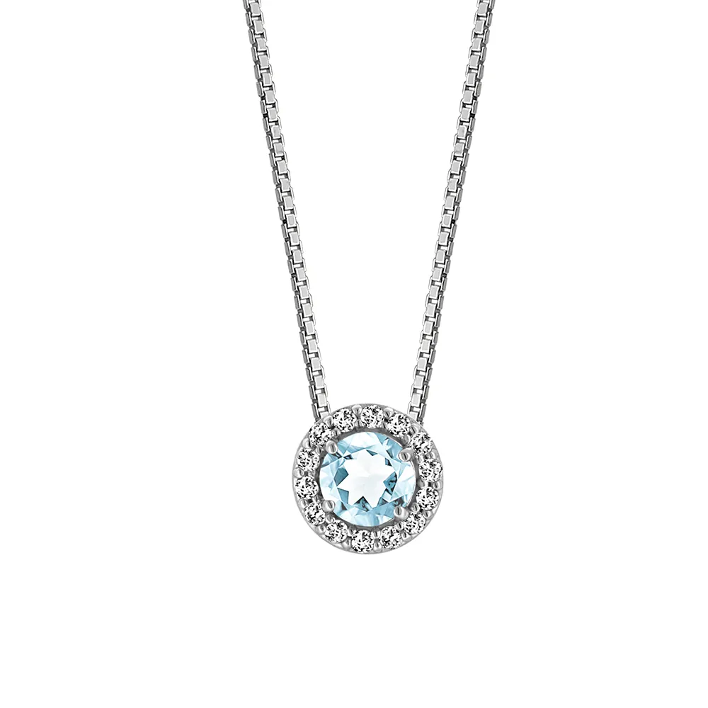 18″ Pendant with Genuine Aquamarine and Cubic Zirconia Sterling Silver Chain