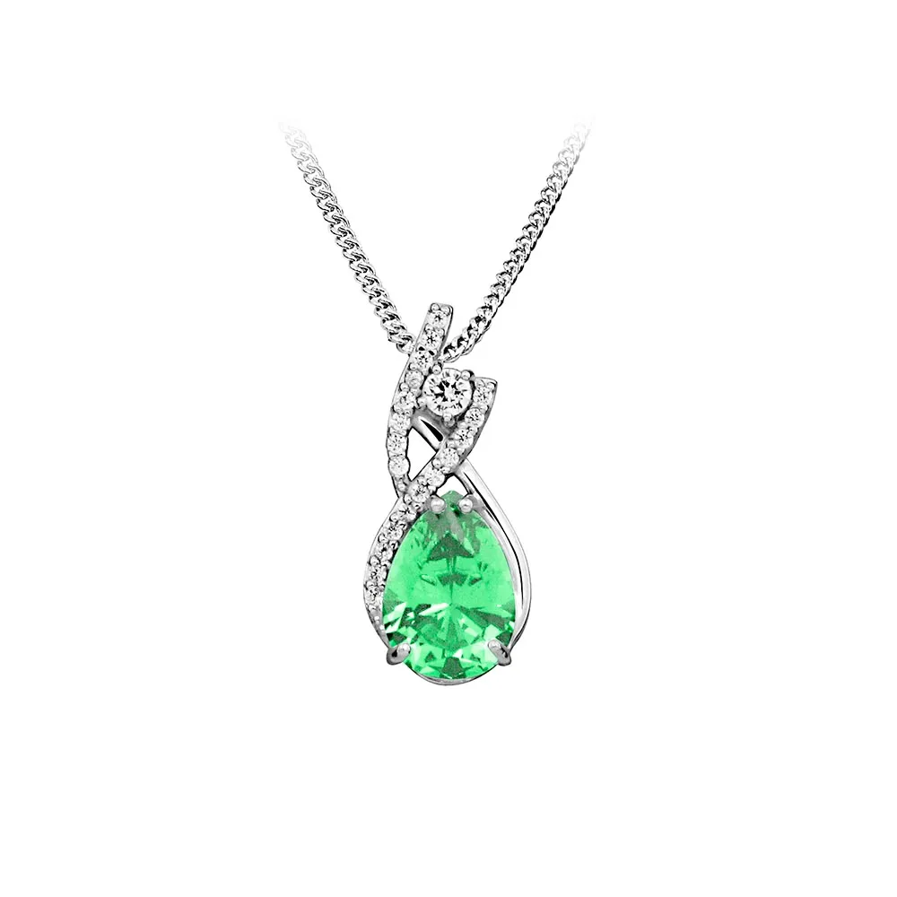 Pendant with Cubic Zirconia and Created Emerald in Sterling Silver with Chain