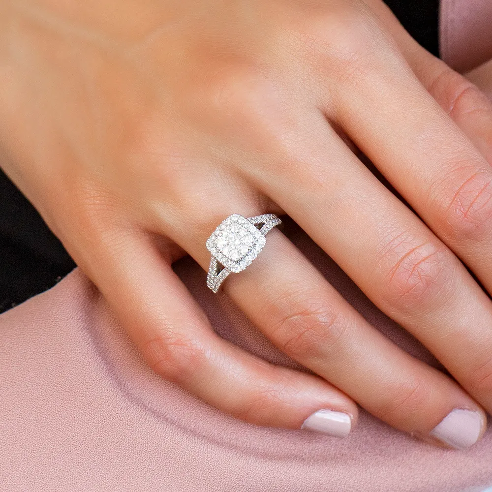 Halo Engagement Ring with Carat TW of Diamonds in 10kt White Gold