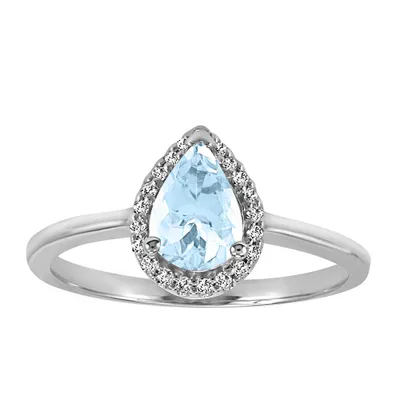 Halo Ring with Aquamarine and .09 Carat TW of Diamonds in 10kt White Gold