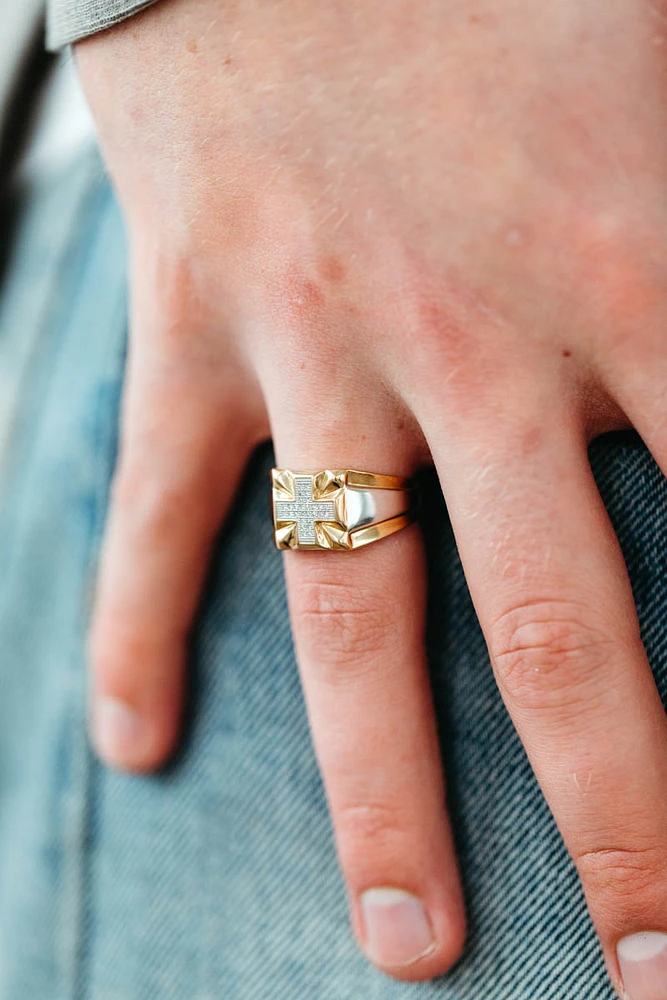 Cross Ring with .10 Carat TW of Diamonds 10kt White and Yellow Gold