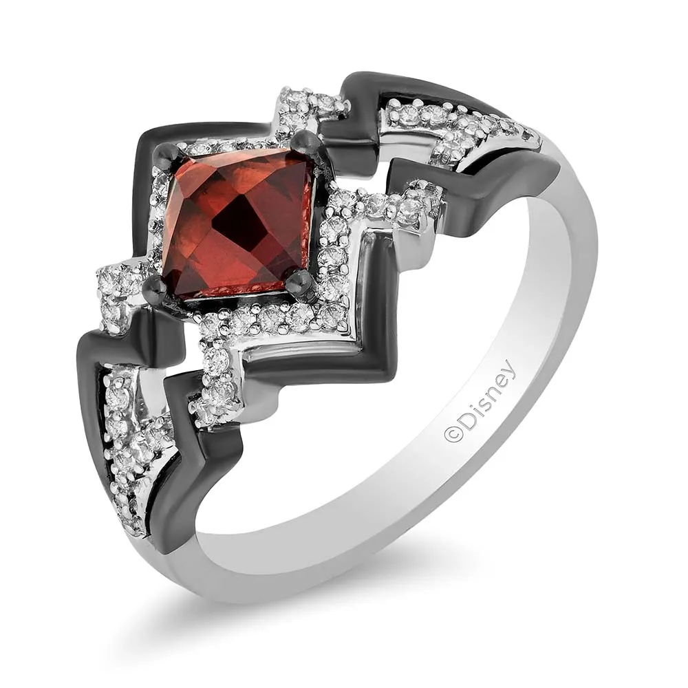 Enchanted Disney Cruella Lightning Bolt Ring with Garnet and .20 Carat TW of Diamonds Sterling Silver