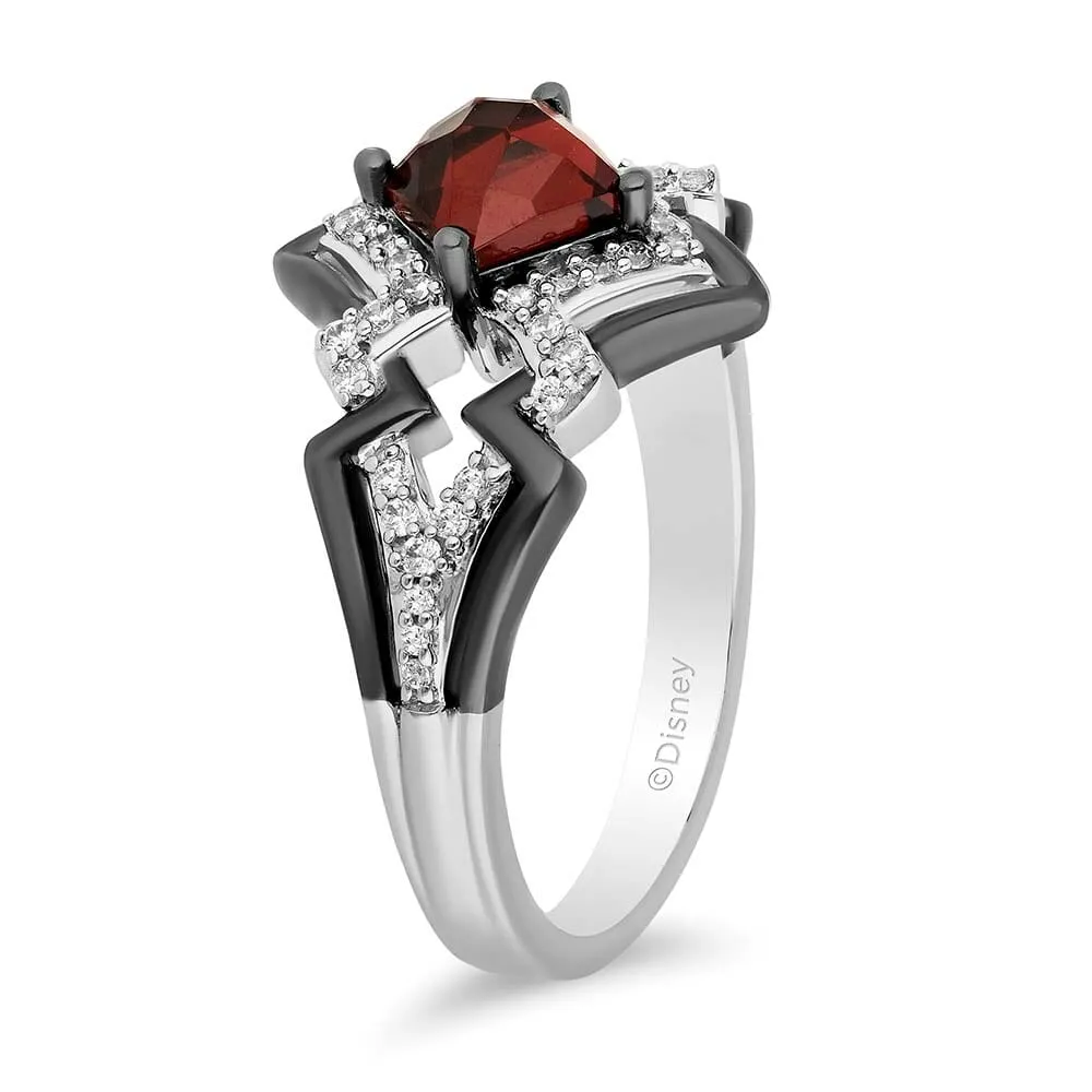 Enchanted Disney Cruella Lightning Bolt Ring with Garnet and .20 Carat TW of Diamonds Sterling Silver