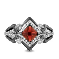 Enchanted Disney Cruella Lightning Bolt Ring with Garnet and .20 Carat TW of Diamonds Sterling Silver