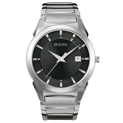 Bulova Men’s Silver Tone Stainless Steel Black Dial Calendar Watch