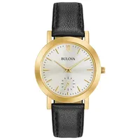 Bulova Womens Dress Black Leather Strap Gold Tone Bezel Watch