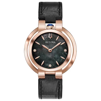 Bulova Women’s Rubaiyat Black Leather Strap Rose Tone Bezel Watch