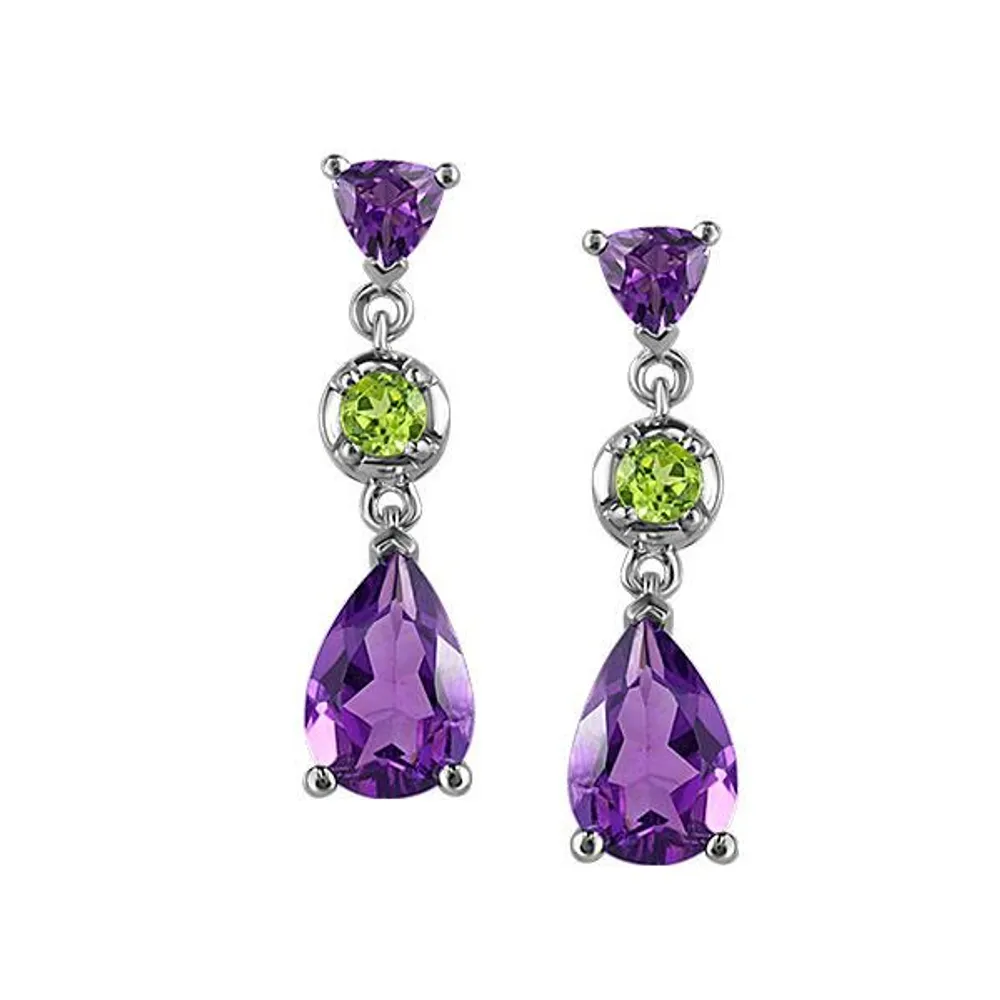 Earrings with Amethyst and Peridot in 10kt White Gold