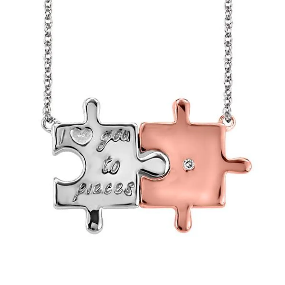 18″ Puzzle Piece Necklace with .01 Carat Diamond Rose Gold Plated Sterling Silver