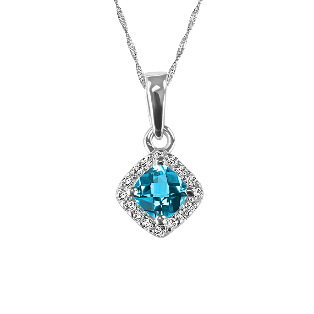 10KT White Gold Diamond and Blue Topaz Pendant with Chain