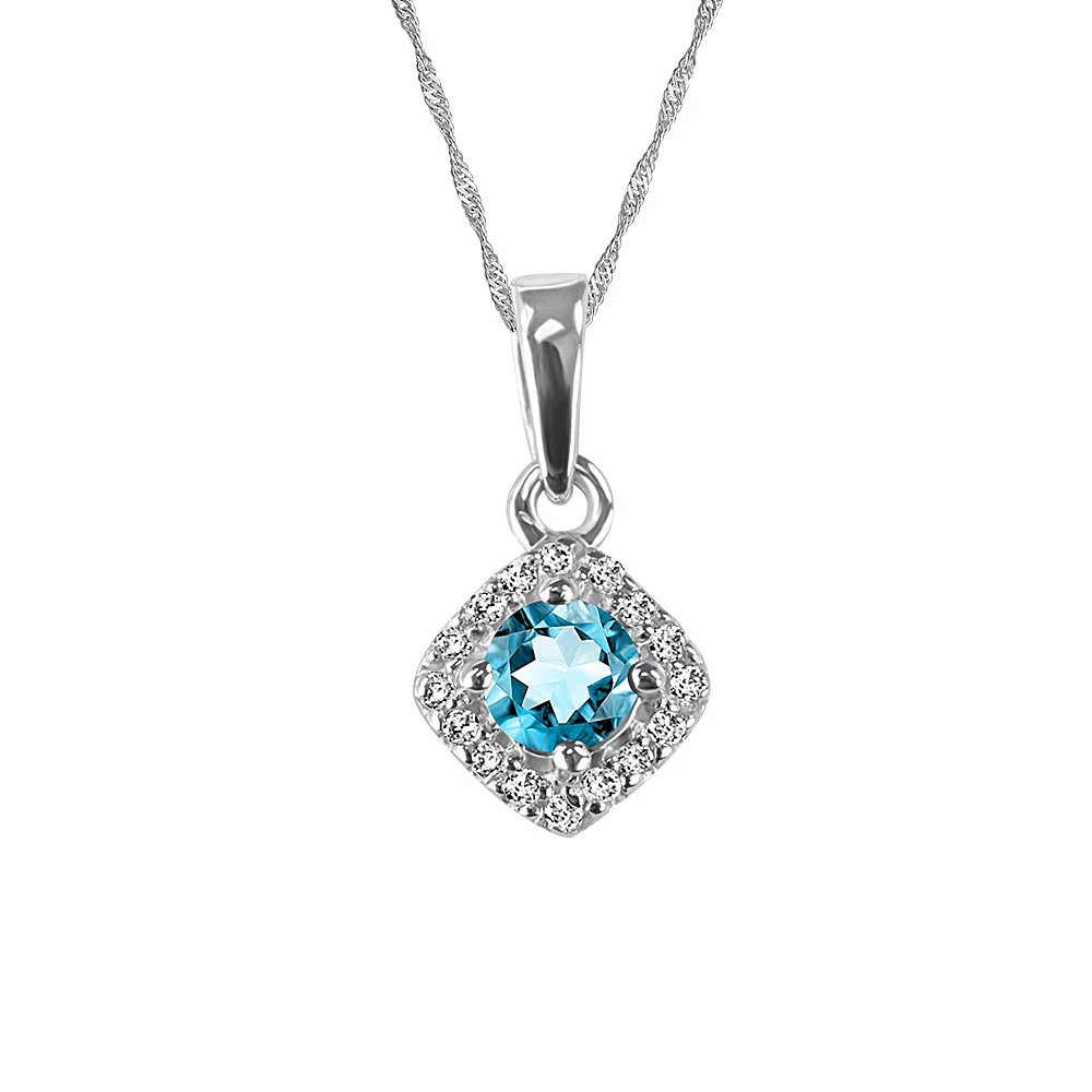 10KT White Gold Diamond and Aquamarine Pendant with Chain