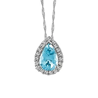 10KT White Gold Diamond and Pear Shaped Aquamarine Pendant with Chain