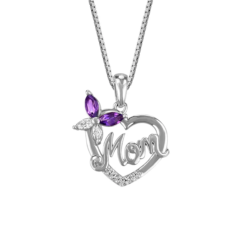 Mom Heart Pendant with .02 Carat TW of Diamonds Amethyst and White Topaz in Sterling Silver with Chain