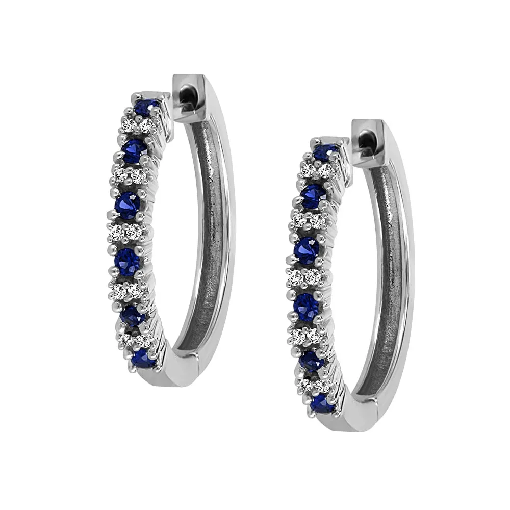 Hoop Earrings with .06 Carat TW of Diamonds and Blue Sapphire in 10kt White Gold