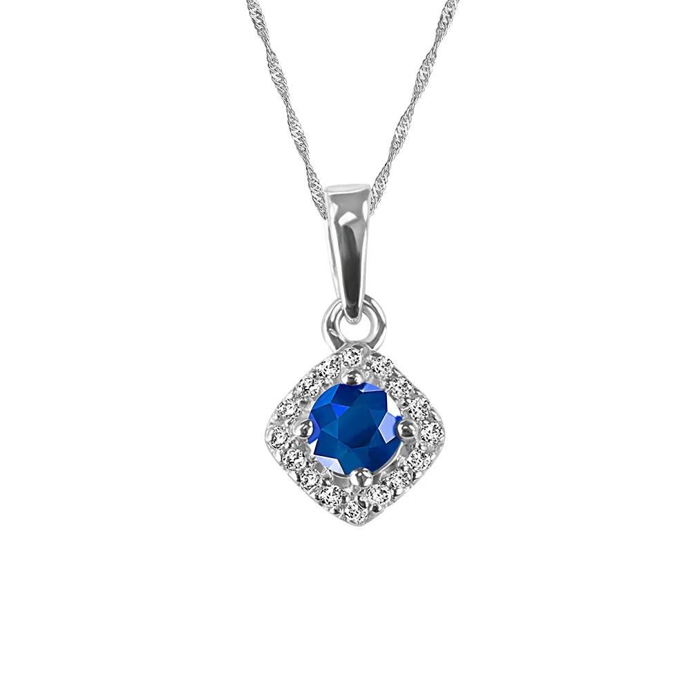 Pendant with .08 Carat TW of Diamonds and Blue Sapphire 10kt White Gold Chain