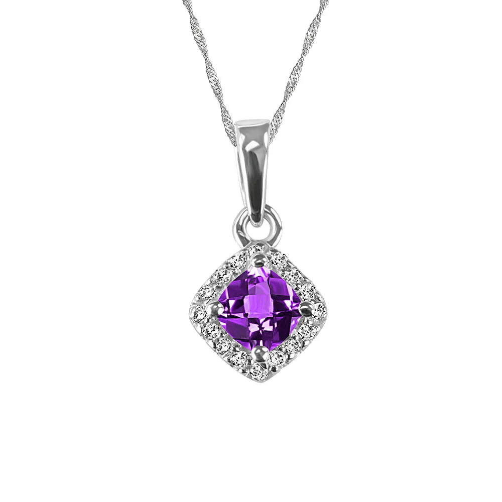 10KT White Gold Diamond and Amethyst Pendant with Chain