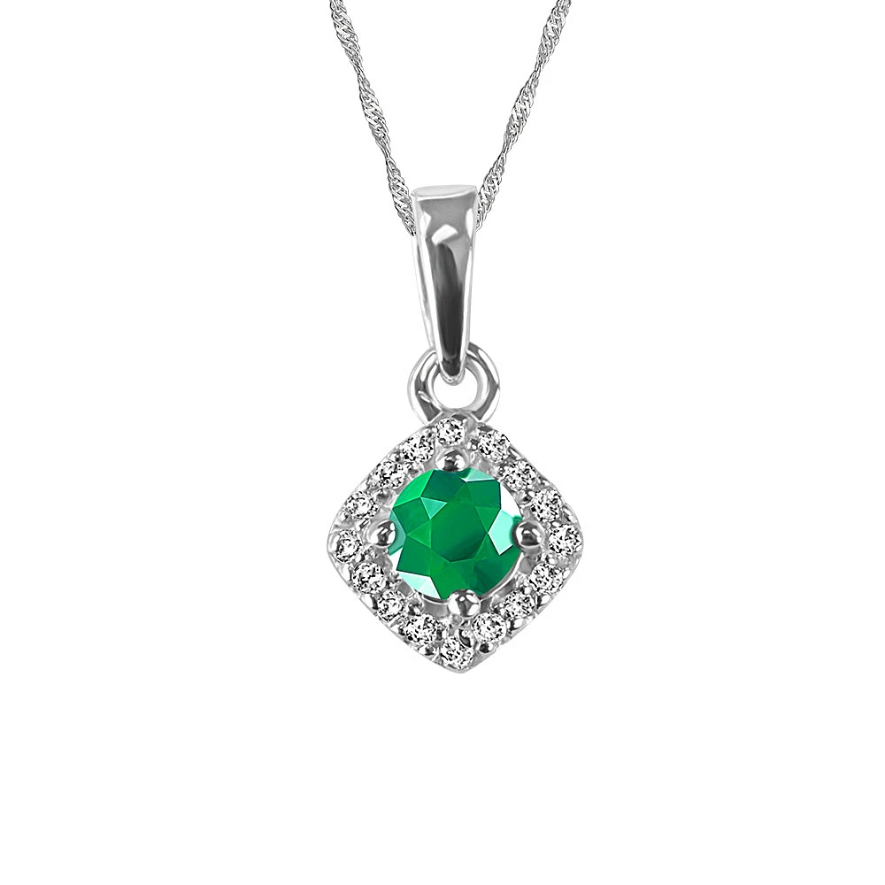 10KT White Gold Diamond and Emerald Pendant with Chain