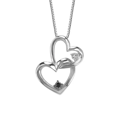 Double Heart Pendant with .03 Carat TW of Black and White Diamonds in Sterling Silver with Chain