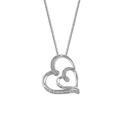 Double Heart Pendant with .05 Carat TW of Diamonds in Sterling Silver with Chain