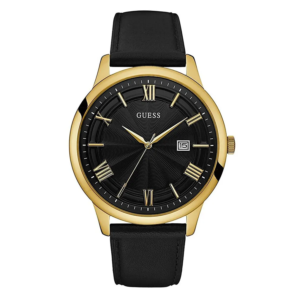 Guess Men’s Gold Tone and Black Leather Strap Watch