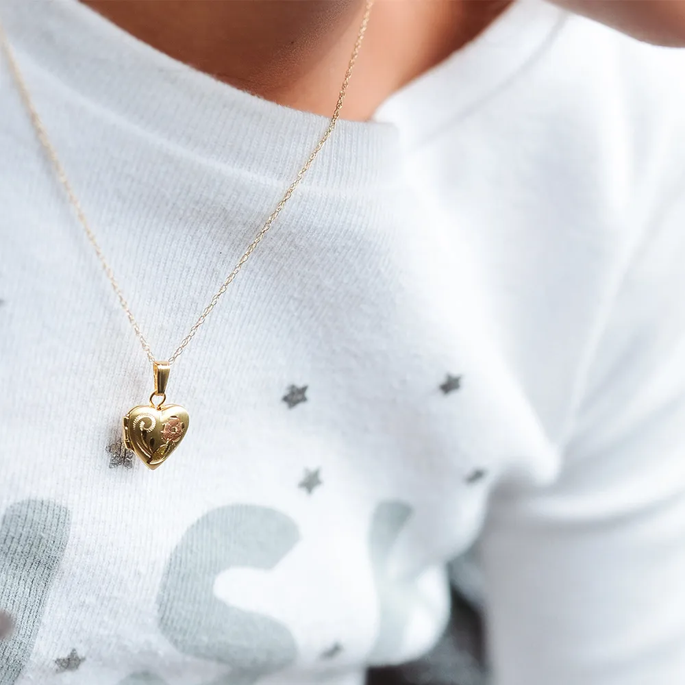 Childrens’ Precious Forever Heart Locket in 14kt White, Yellow and Rose Gold with Chain