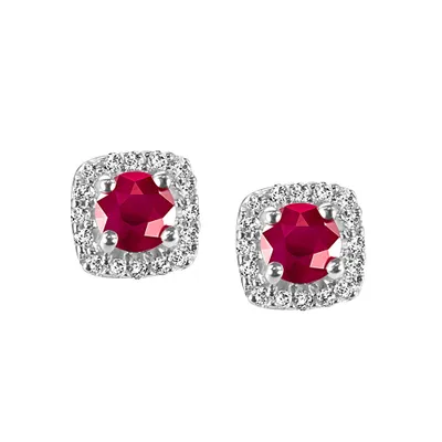 Stud Earrings with .16 Carat TW of Diamonds and Ruby in 10kt White Gold