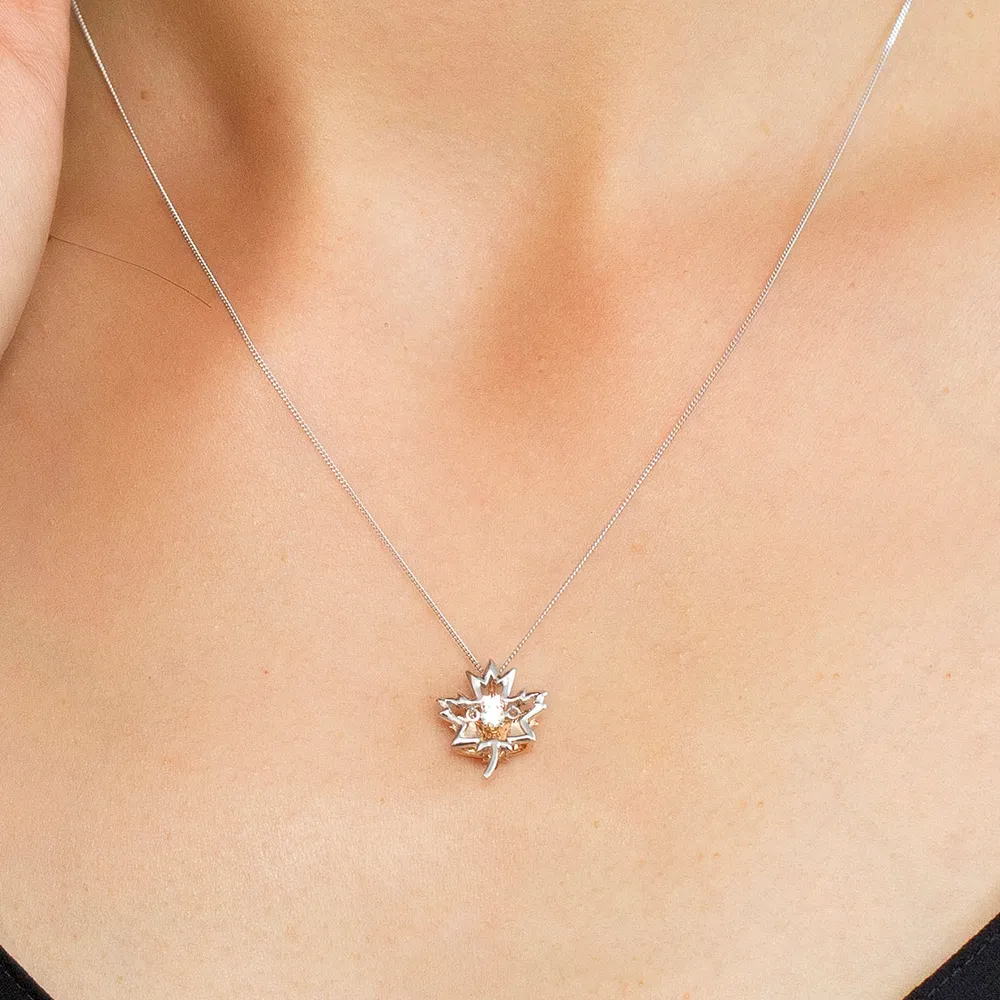 Fire of the North Luminance Canadian Diamond Maple Leaf Pendant with .10 Carat 10kt White and Rose Gold Chain