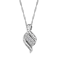 10KT White Gold 1.00 Carat TW Round and Baguette Diamond Pendant with Chain