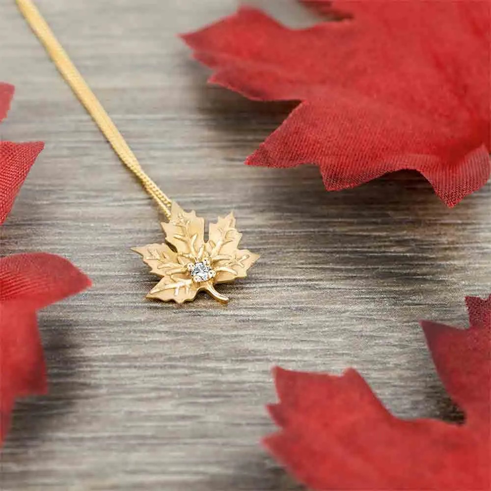 Yellow Gold and Diamond Maple Leaf Pendant with Chain