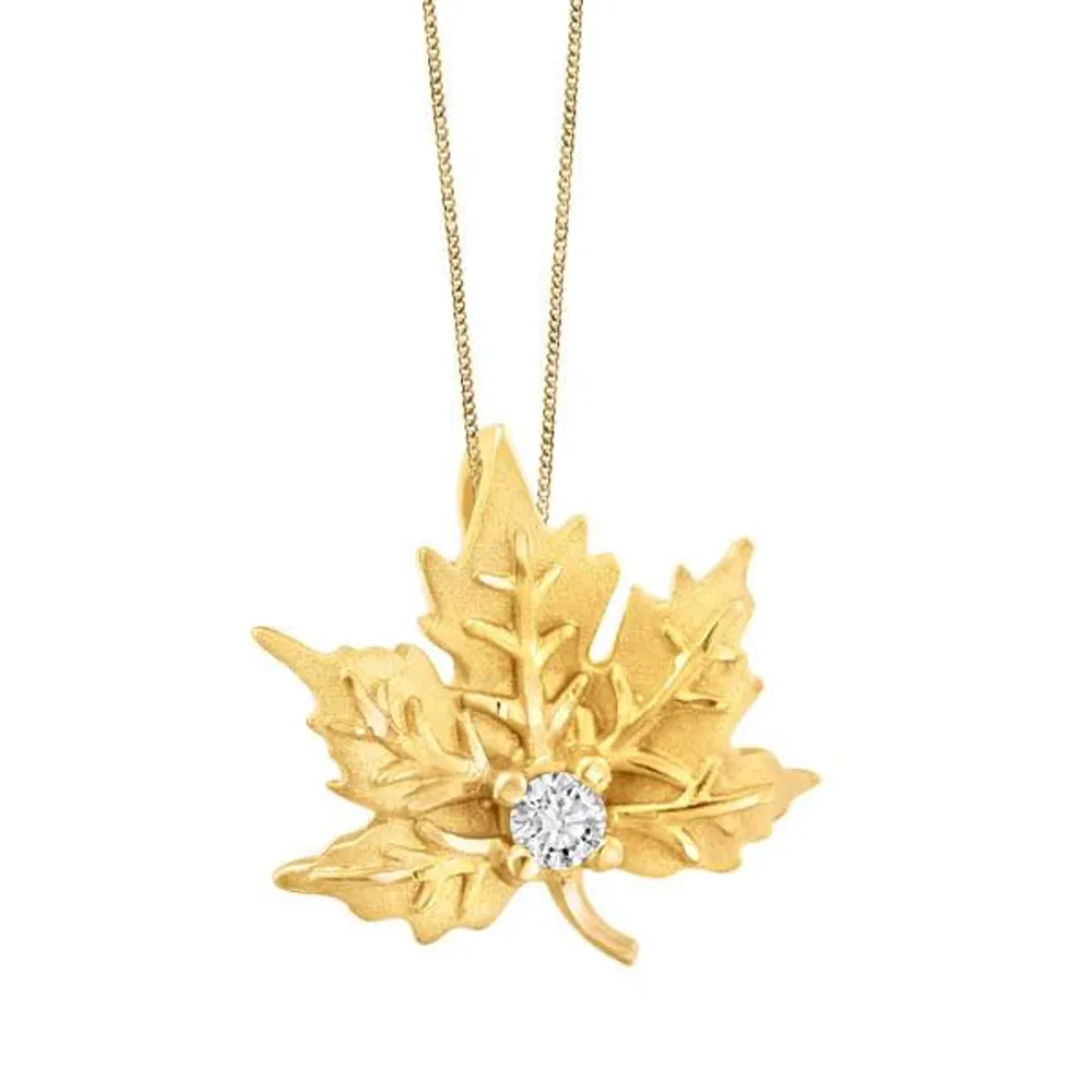 Yellow Gold and Diamond Maple Leaf Pendant with Chain