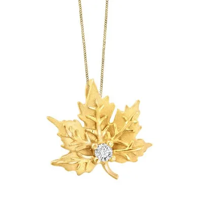 Yellow Gold and Diamond Maple Leaf Pendant with Chain