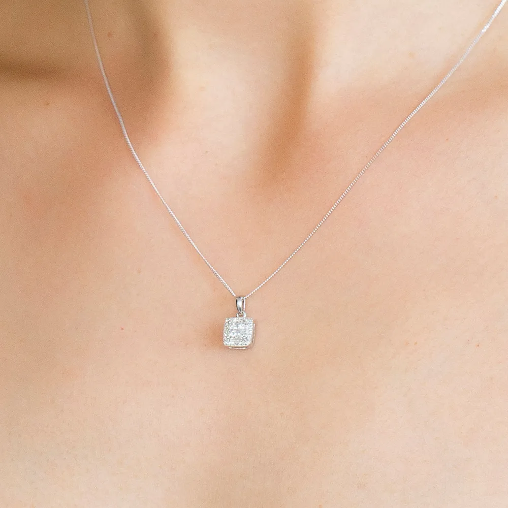 10KT White Gold Princess Cut and Round Diamond Halo Pendant with Chain