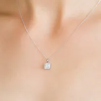 10KT White Gold Princess Cut and Round Diamond Halo Pendant with Chain