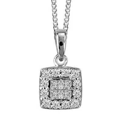 10KT White Gold Princess Cut and Round Diamond Halo Pendant with Chain