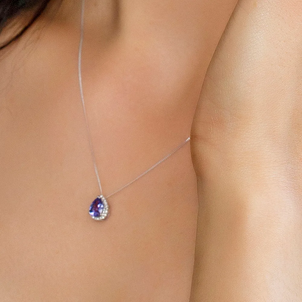 10KT White Gold Diamond and Tanzanite Pendant with Chain