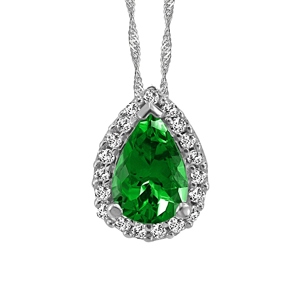 10KT White Gold Diamond and Emerald Pendant with Chain