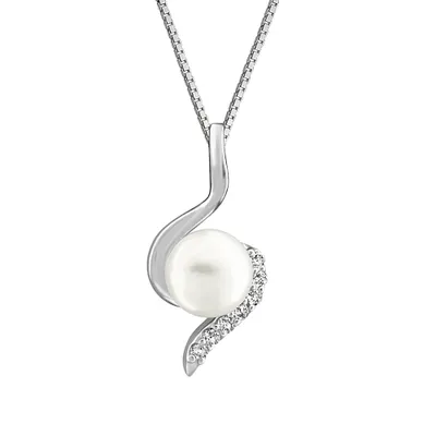 Swirl Pendant with Pearl and Cubic Zirconia in Sterling Silver with Chain