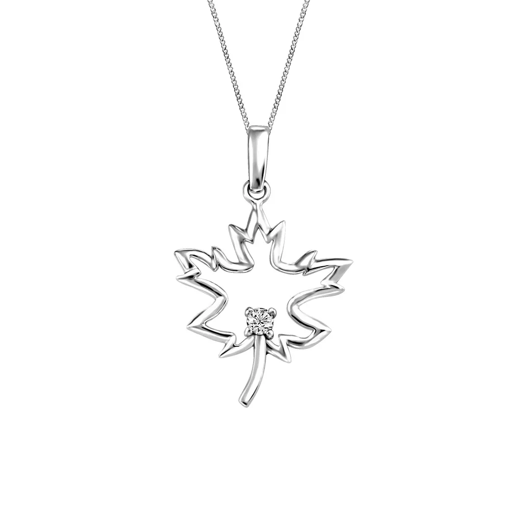 Maple Leaf Pendant with .04 Carat Diamond in Sterling Silver with Chain