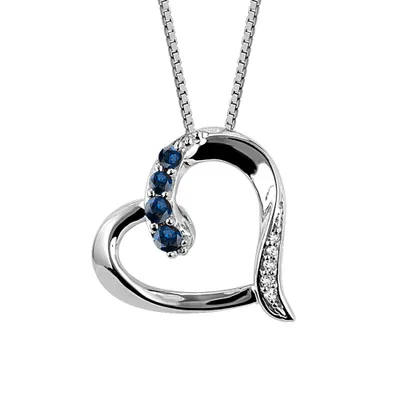 Heart Pendant with Diamond and Blue Sapphire in Sterling Silver with Chain