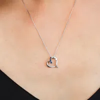 Heart Pendant with Diamond and Blue Sapphire in Sterling Silver with Chain