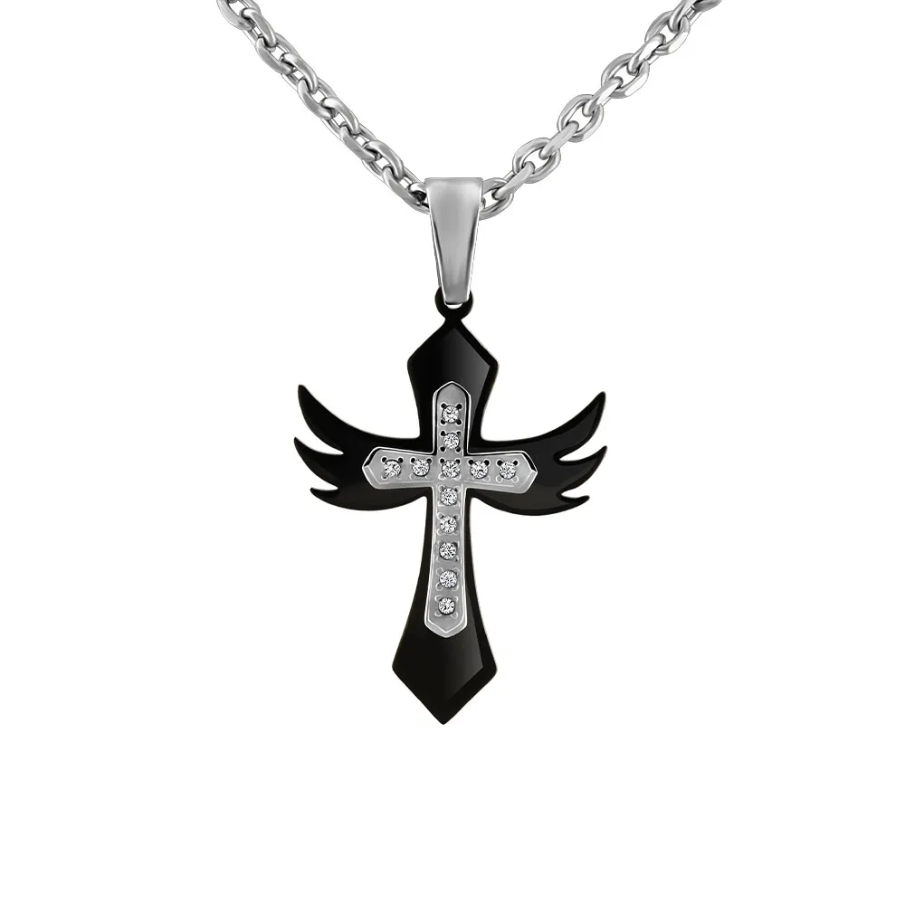 Cross Pendant with Cubic Zirconia in Stainless Steel with Chain