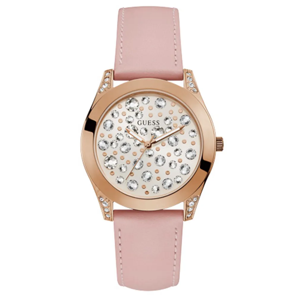 Guess Women’s Pink Strap Rose Tone Crystal Watch