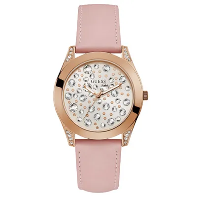 Guess Women’s Pink Strap Rose Tone Crystal Watch