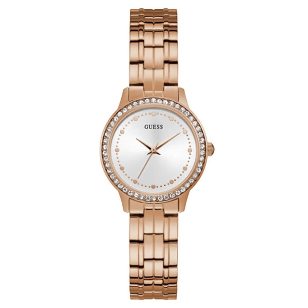 Guess Women’s Rose Tone Crystal Bezel Watch