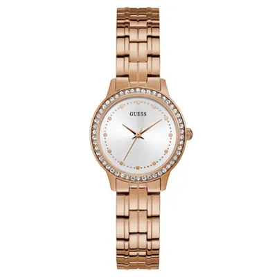 Guess Women’s Rose Tone Crystal Bezel Watch